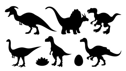 Vector illustration of dinosaur silhouette including Stegosaurus, Brontosaurus, Velociraptor, Triceratops, Tyrannosaurus rex