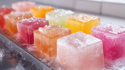 A vibrant assortment of ice cubes in various colors sits elegantly on a metal tray, showcasing their refreshing appearance under bright lighting, ideal for summer drinks.