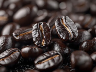 Fototapeta premium Close-up shot of freshly roasted coffee beans highlighting texture and detail