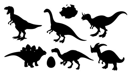 Vector illustration of dinosaur silhouette including Stegosaurus, Brontosaurus, Velociraptor, Triceratops, Tyrannosaurus rex