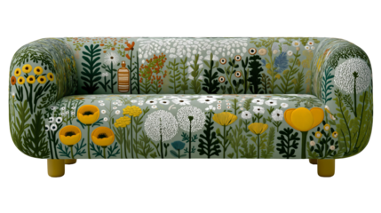 Contemporary curved sofa, botanical floral embroidery upholstery, wildflowers plants and folk art illustration design on sage green fabric. Transparent png.