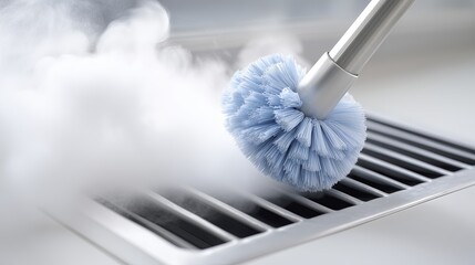 Cleaning a ventilation grill with steam and a brush to remove dust and dirt