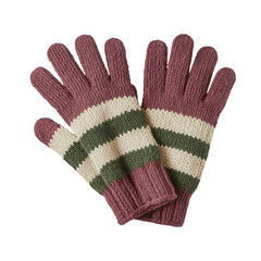 A pair of knitted gloves with pink, green, and white stripes lying on a plain black background surface on transparent background