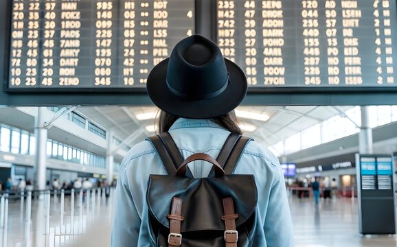 Traveler with backpack and hat checking flight information at the airport – ready for a new adventure