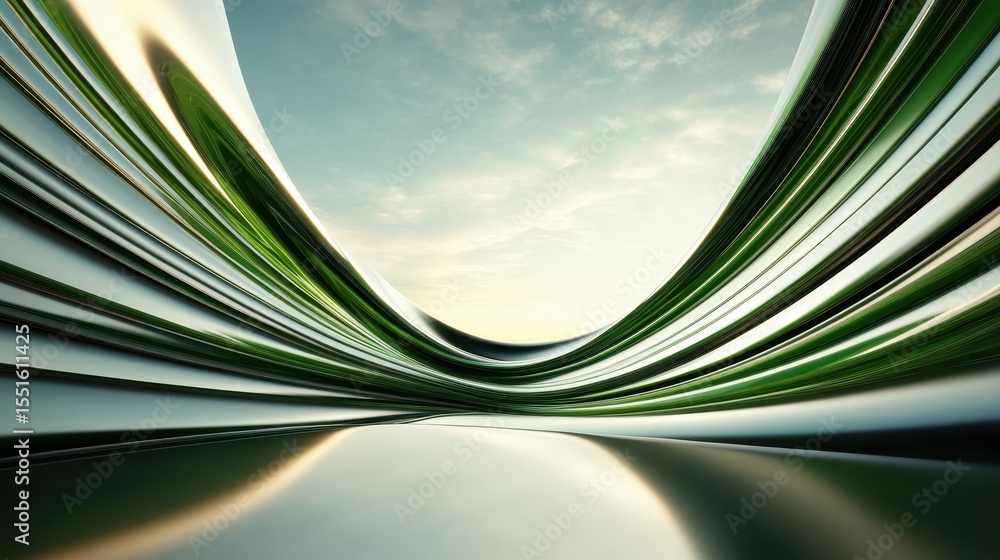 Poster an abstract landscape featuring metallic waves and a serene sky, evoking feelings of calm and reflec