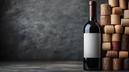 An elegant red wine bottle stands tall beside a beautifully arranged display of corks, creating an artistic composition that embodies refinement and the art of wine appreciation.