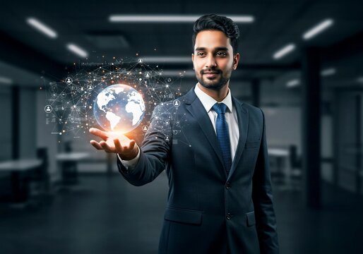 businessman touching virtual screen, Businessman hold global business globe with network connected to digital marketing strategy and creative solution. Business development technology to support creat