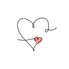 Continuous line drawing of a heart, black and white vector minimalist love concept illustration. Set.