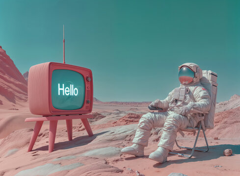 Astronaut in a spacesuit sits on a chair on a alien desert watching a retro pink TV that displays the word "Hello" against a turquoise sky. Media, propaganda, news conceptual