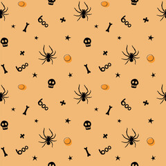 Halloween seamless pattern with spiders, bones, skulls, other holiday symbols. Vector illustration, wrapped paper, background and texture in flat doodle style, isolated.