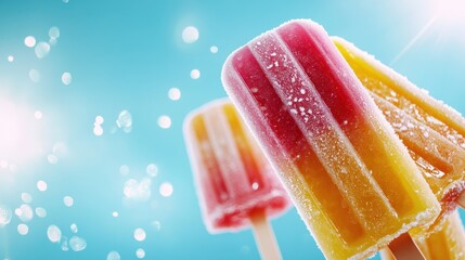 Colorful frozen popsicles glisten in the sunlight, representing the refreshing joy of summer, perfect for a sunny day treat or as a delightful snack for all ages.