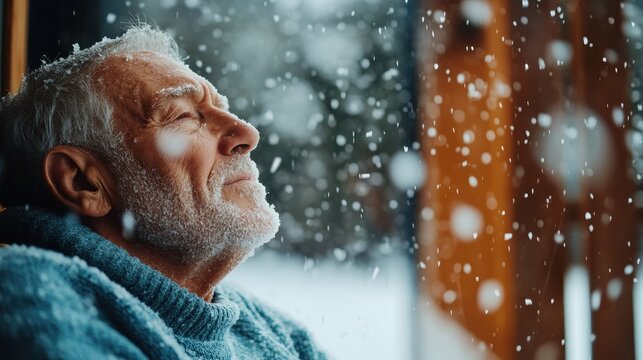An elderly man relaxes by a window, enjoying a peaceful snowfall, capturing the essence of tranquility and reflection during the winter season.