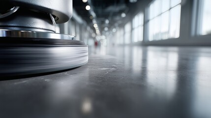 Polishing floor equipment in a modern industrial space with natural light