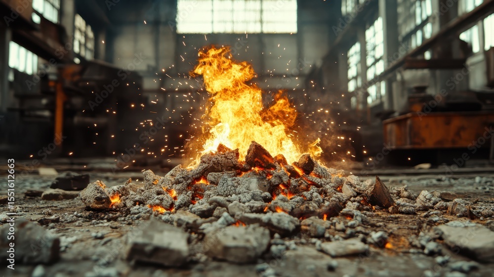 Poster a vibrant fire bursts from a pile of ashes, creating an intense and dynamic scene filled with energy