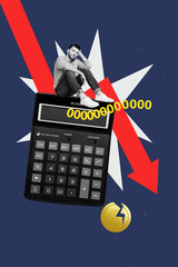 Sketch design trend poster photo collage of young sad man sit calculator arrow down crack coins crisis budget investor business reduction