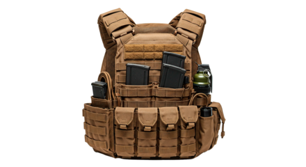 A coyote-colored tactical vest with magazines and a grenade, ready for action.