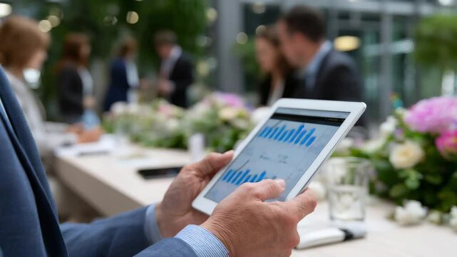Business meeting with digital tablet showcasing financial growth charts in office environment - Powered by Adobe