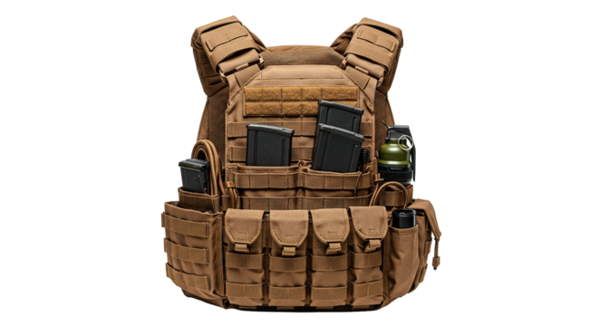 A coyote-colored tactical vest with magazines and a grenade, ready for action.