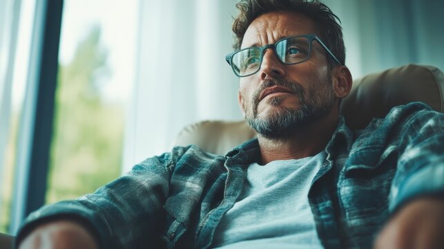 A thoughtful man sits quietly in a comfortable chair, gazing out the window as he reflects on life, evoking feelings of introspection and peace in a serene environment.