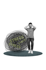 Surreal poster collage of person having messy lines with stress phrase on white background