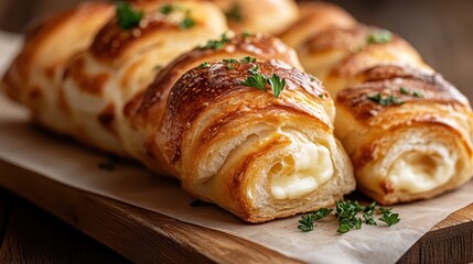 An enticing display of freshly baked croissants, oozing with cheese, is presented on a rustic wooden board, showcasing the allure of artisan baking and delicious temptation.