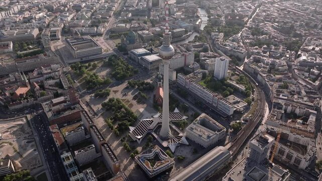 Alexanderplatz in Berlin, Aerial view of famous architectural landmarks TV Tower, Berlin-Mitte and Berlin Cathedral. 