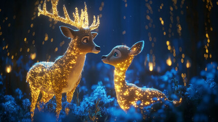 Fantasy scene with two glowing deer — one blue, one gold — surrounded by twinkling lights in a dreamy nighttime forest.