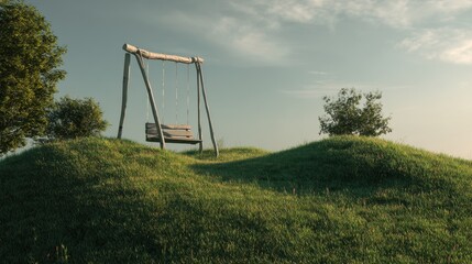 An old wooden swing hangs empty in a green summer park with a playground
