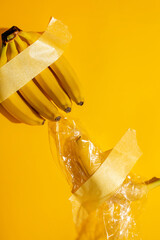 Clusters of bananas taped against vibrant sunshine backdrop, echoing avant-garde art installations...
