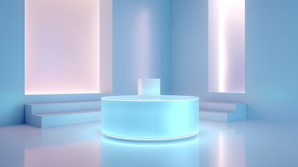 Modern exhibition space with glowing accents and minimalist design for artistic displays and events