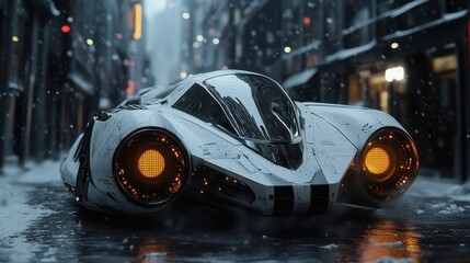 A sleek, futuristic vehicle with glowing orange lights is parked in a deserted, snow-covered street, presenting an intriguing mix of urban loneliness and technological advance.
