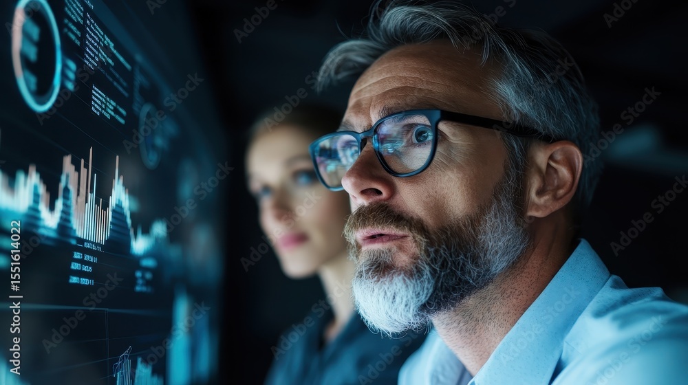 Poster a focused scene featuring professionals deeply engaged in analyzing complex data insights on advance
