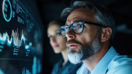 A focused scene featuring professionals deeply engaged in analyzing complex data insights on advanced monitors, reflecting modern technology and corporate diligence.