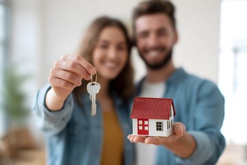 first time home buyer couple holding key and house model, new homeowners celebrating milestone moment