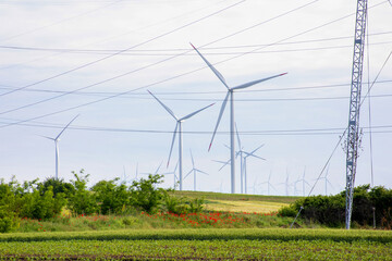 Wind turbines pirouette on rolling green fields, celebrating Earth Day's renewable energy dance,...