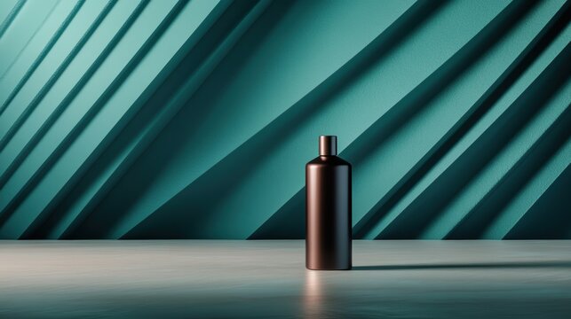 An artistic representation of a dark bottle positioned against a teal backdrop, evoking thoughts of mystery, creativity, and elegant design in a minimalist style.