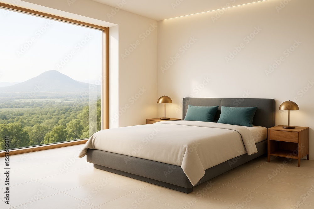 Poster minimalist bedroom interior with large window and mountain view in bright modern design and natural 