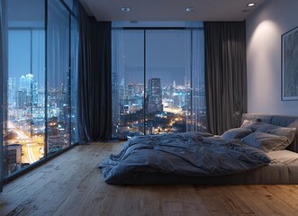 3D rendering of a modern bedroom interior with a bed and a city night view through the window. Bright lighting, white walls, a wooden floor, dark curtains, a minimal design, and large panoramic 