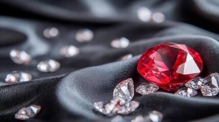 A captivating red gem shines prominently on a smooth black fabric, highlighting the contrast between luxury and simplicity, ideal for representing wealth and sophistication.