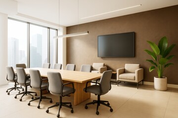 Modern minimalist conference room interior with wooden table, office chairs, large screen, and potted plant in bright corporate building setting.