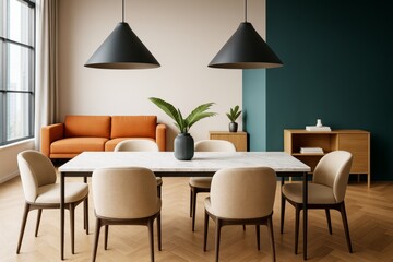 Fototapeta premium Modern dining room with minimalist furniture and elegant decor in cozy apartment interior with orange sofa and green accent wall background.