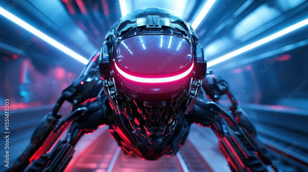Poster a highly detailed robotic figure with a glossy exterior and glowing elements is depicted in a futuri