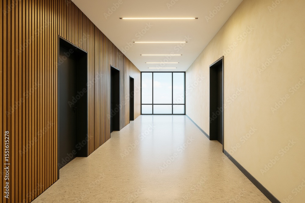 Poster modern minimalistic hallway with wooden panel walls and soft ceiling lights in a contemporary buildi