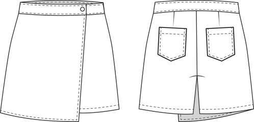 Editable technical flat of an asymmetrical wrap skort with waistband, button closure, and back patch pockets. Ideal for tech packs, fashion design, and production.