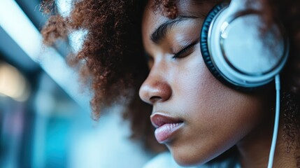 A close-up shot of a young person wearing headphones, immersed in music, showcasing emotions of relaxation and focus, highlighting the beauty of modern auditory experiences.