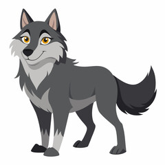 Obraz premium Cartoon cute wolf smiling. Friendly forest predator standing. Suitable for children's books, sticker, mascot,fairy tales, logo. Isolated vector illustration on white background