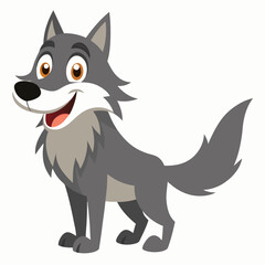 Obraz premium Cartoon funny wolf smiling. Friendly forest predator standing. Suitable for children's books, sticker, mascot, fairy tales,logo. Isolated vector illustration on white background