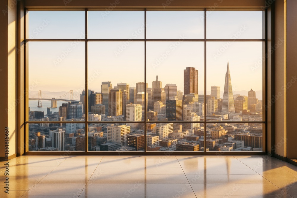 Poster modern empty interior room with large windows overlooking city skyline at sunset in warm ambient lig