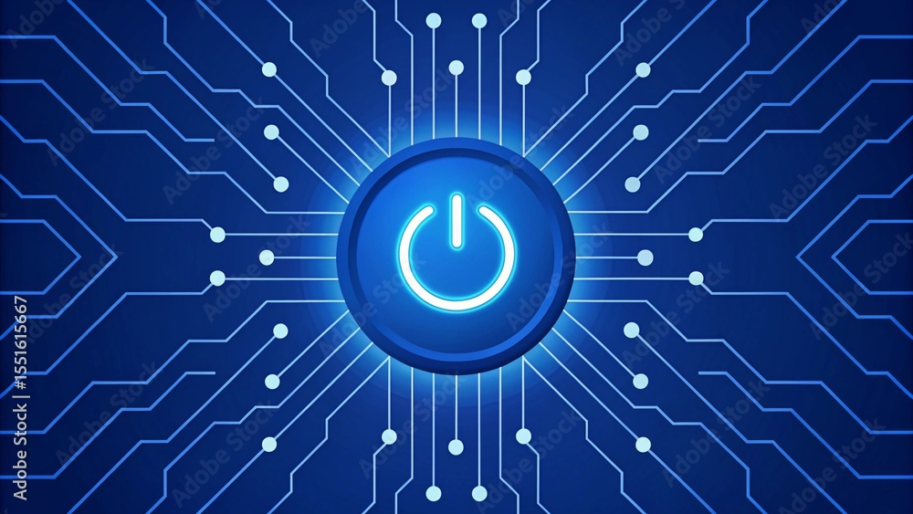 Poster glowing blue power button symbol on a digital circuit board background