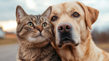 Obraz premium A charming moment captured between a cat and dog, showcasing their close bond and companionship in a serene outdoor setting, perfect for pet lovers and animal enthusiasts.